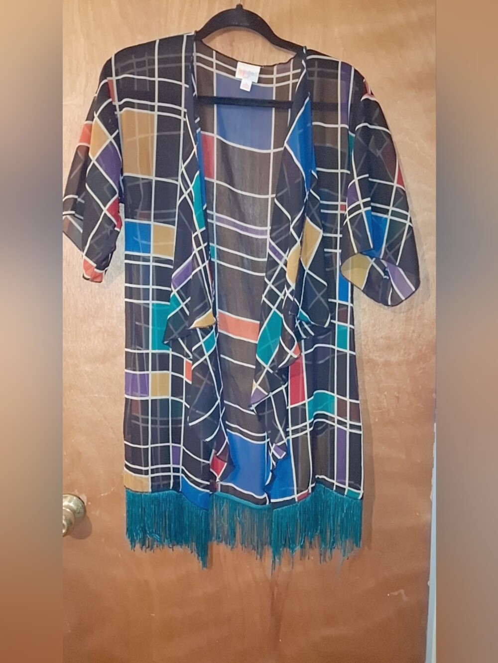 LuLaRoe Multi-Color Plaid Fringe Kimono - Black Base with Teal Fringe